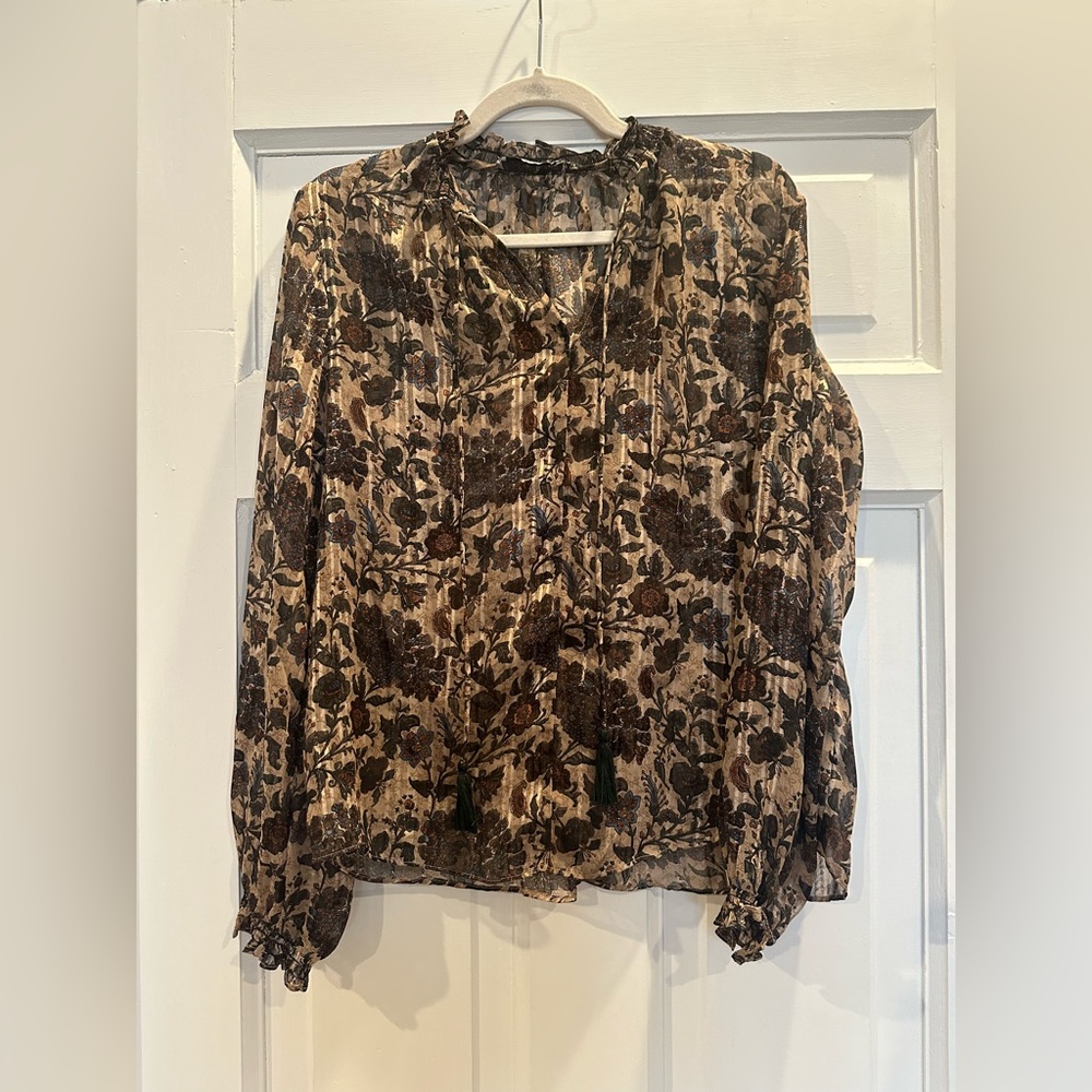 Mango sparkly sheer floral holiday floral blouse top like doen ulla Johnson NWOT